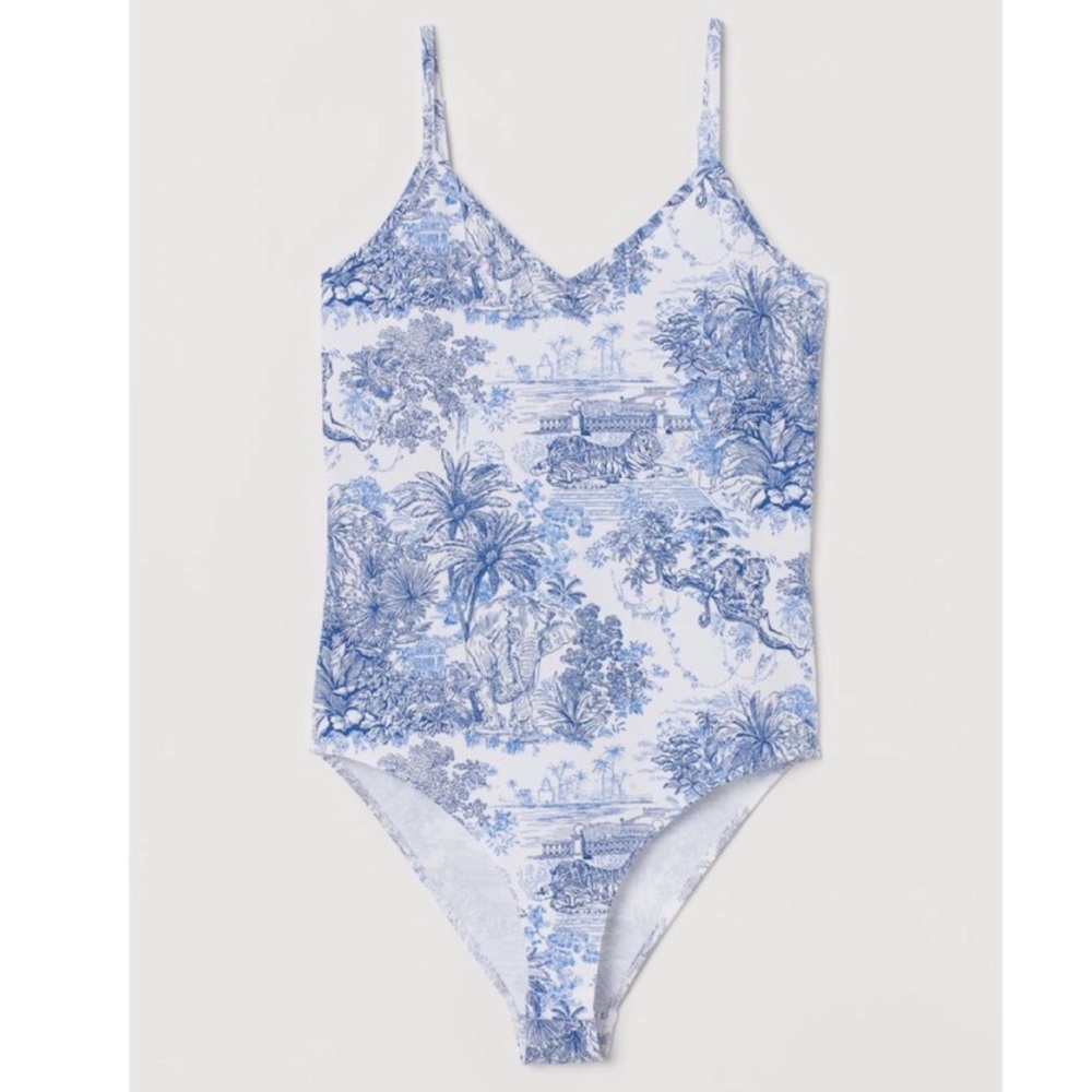 h&m blue and white bodysuit with toile de jouy design